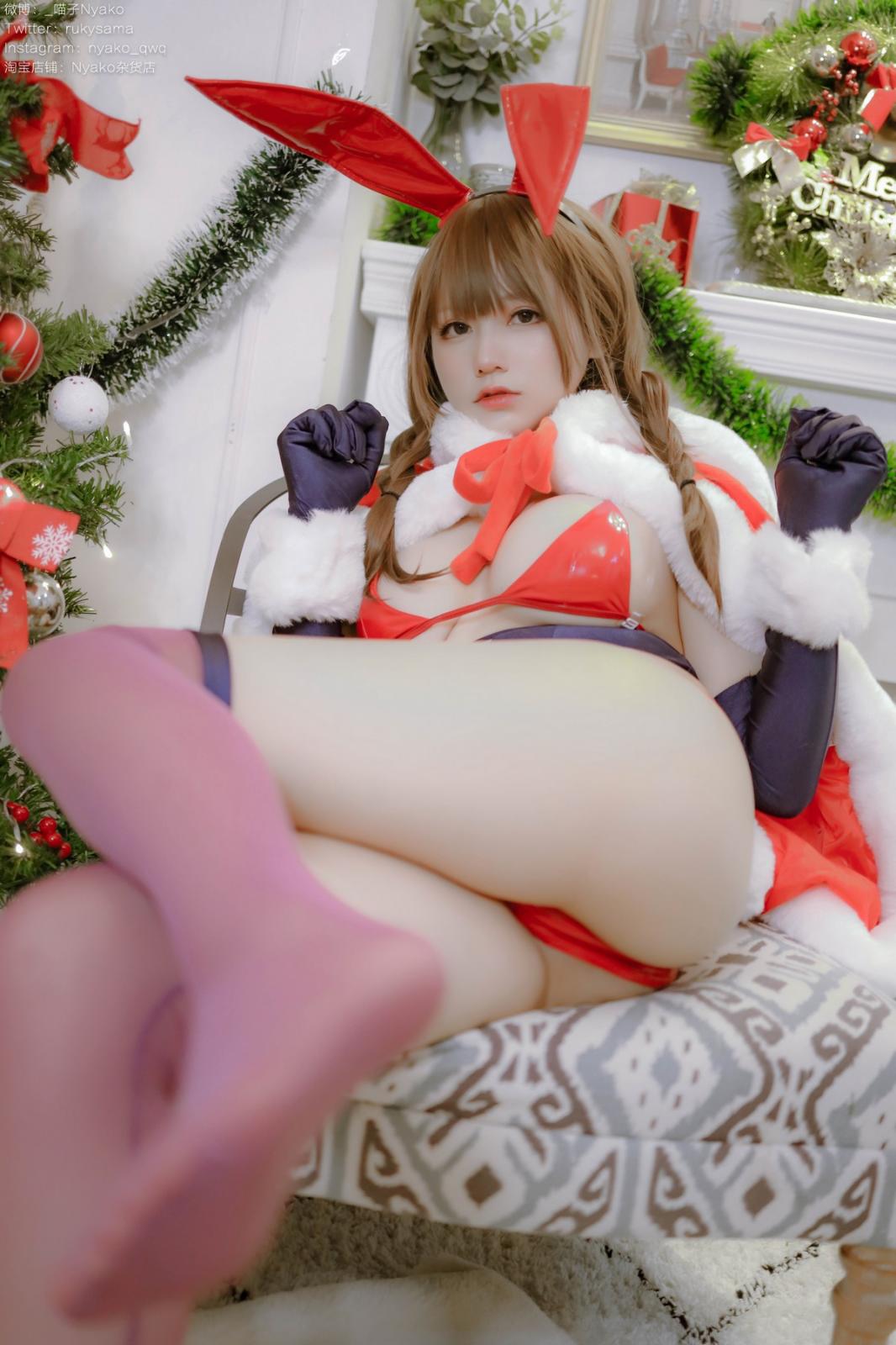 网络美女Nyako喵子Christmas Bunny主题兔女郎装扮红色皮质内衣秀豪乳诱惑写真 [155P]