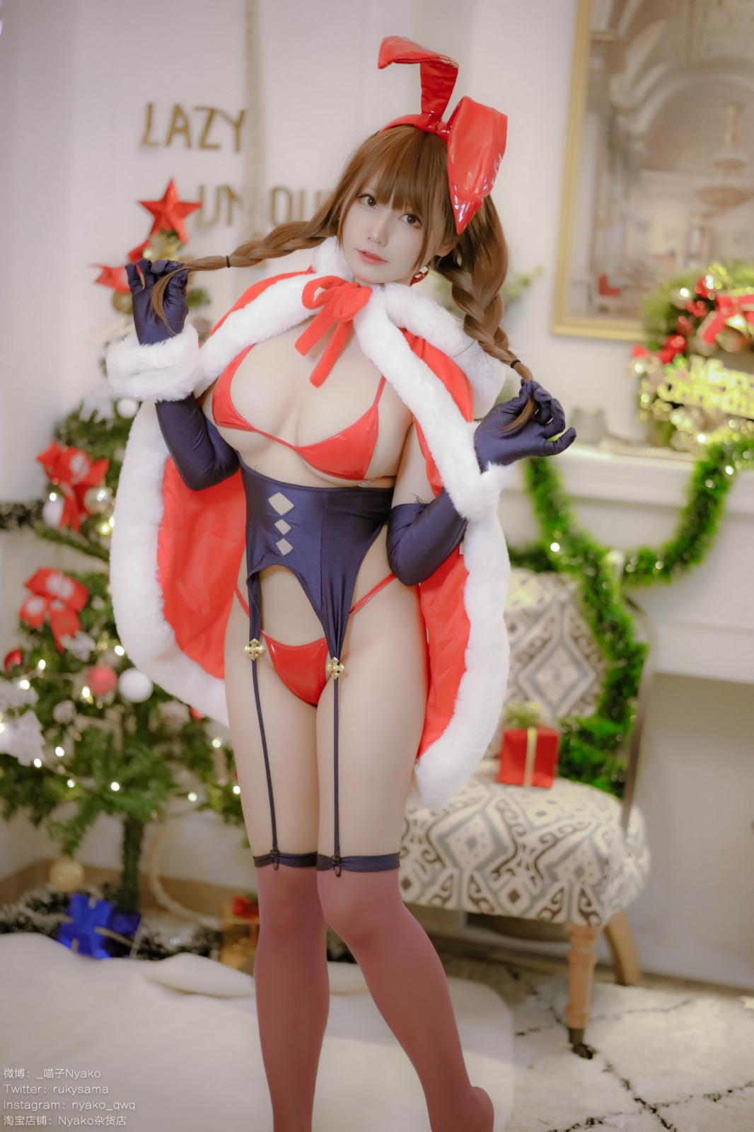 网络美女Nyako喵子Christmas Bunny主题兔女郎装扮红色皮质内衣秀豪乳诱惑写真 [155P]