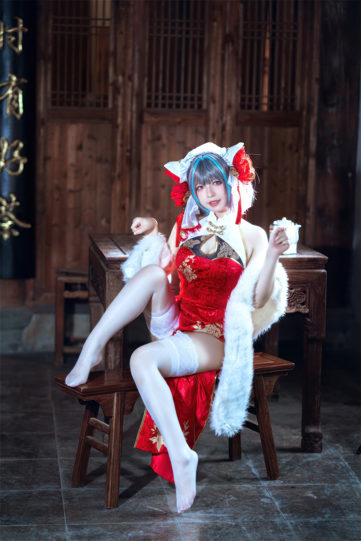 Cosplay 半半子Banbanko 柴郡中华娘旗袍